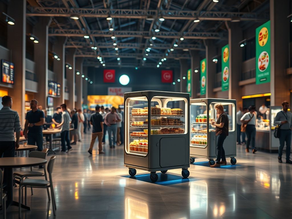 Carrinhos de distribuição automatizada em salão de eventos