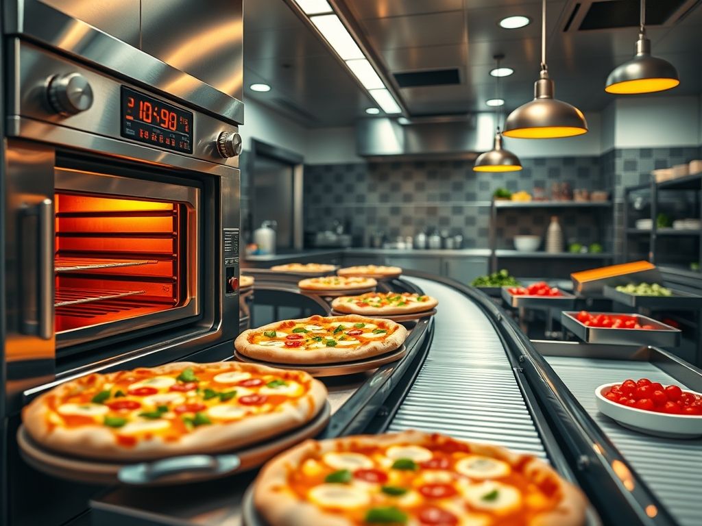 Pizzaria eficiente: tempo de forno, esteira e montagem